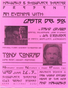 Flier for Gastr Del Sol concert, featuring Tony Conrad, 1996.
